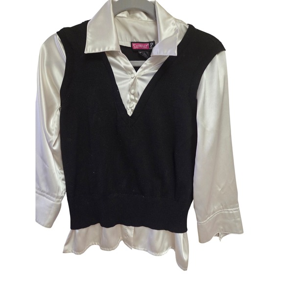 Say What? Sweater Vest Top Blouse Layered Look 3/4‎ Sleeve Shirt L - Picture 1 of 5